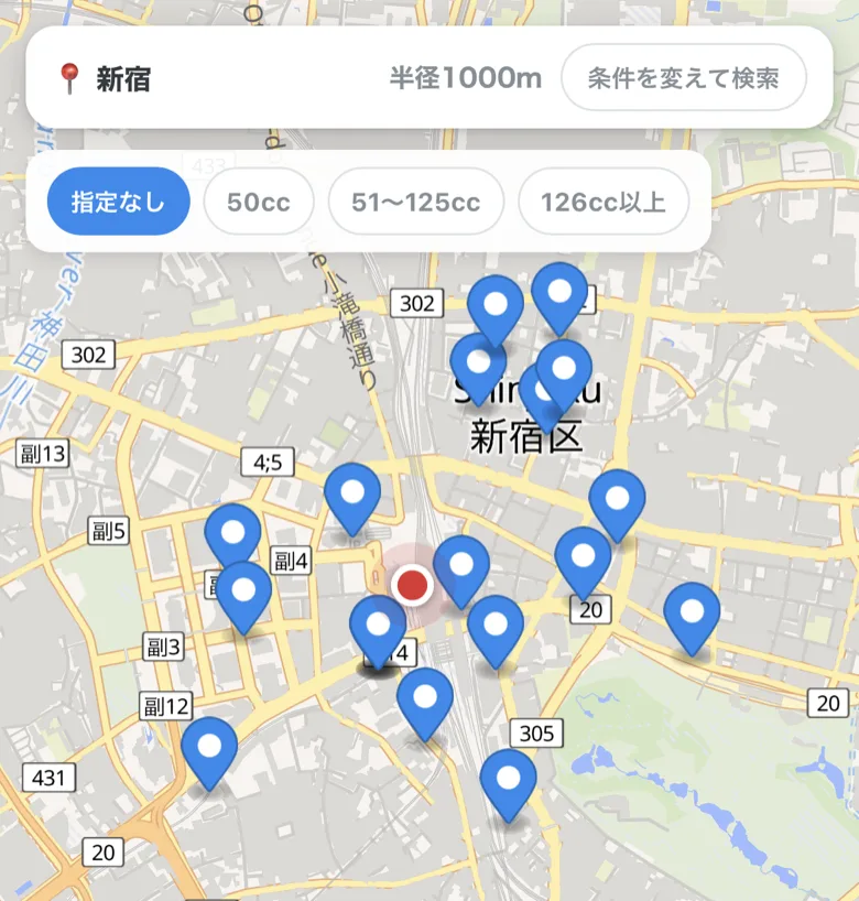 検索結果の地図・排気量しぼり込み・駐車場のピン