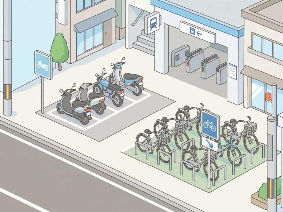 公営駐輪場で、自転車の列の隣に設けられた原付二種向けの区画にスクーターが停まっている