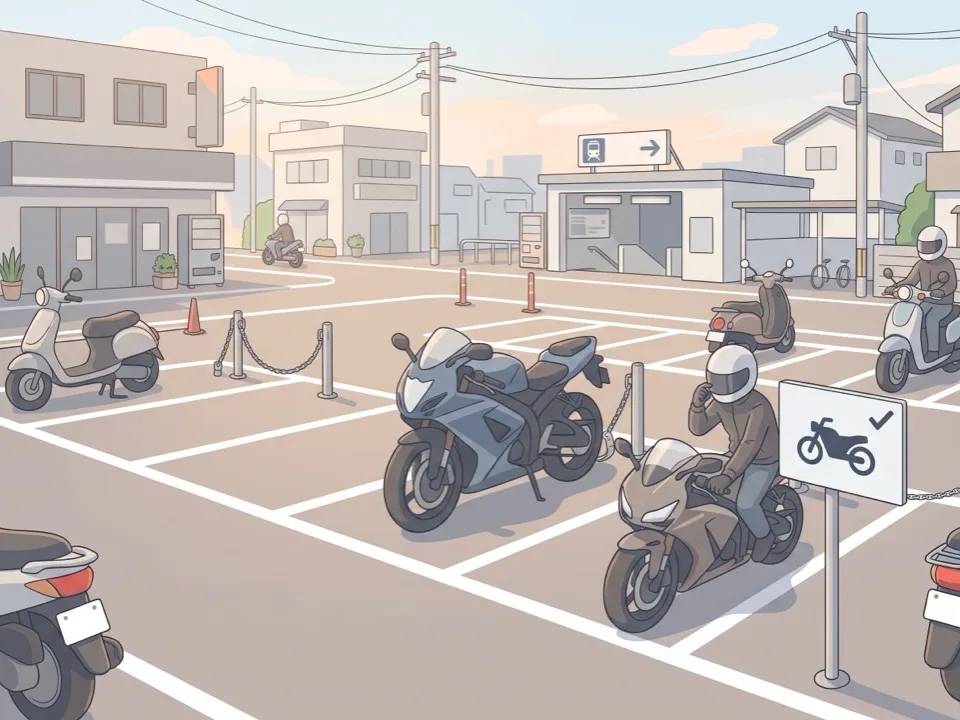 バイク駐車場の入口で、案内板のモーターサイクルのピクトグラムを確かめるライダー