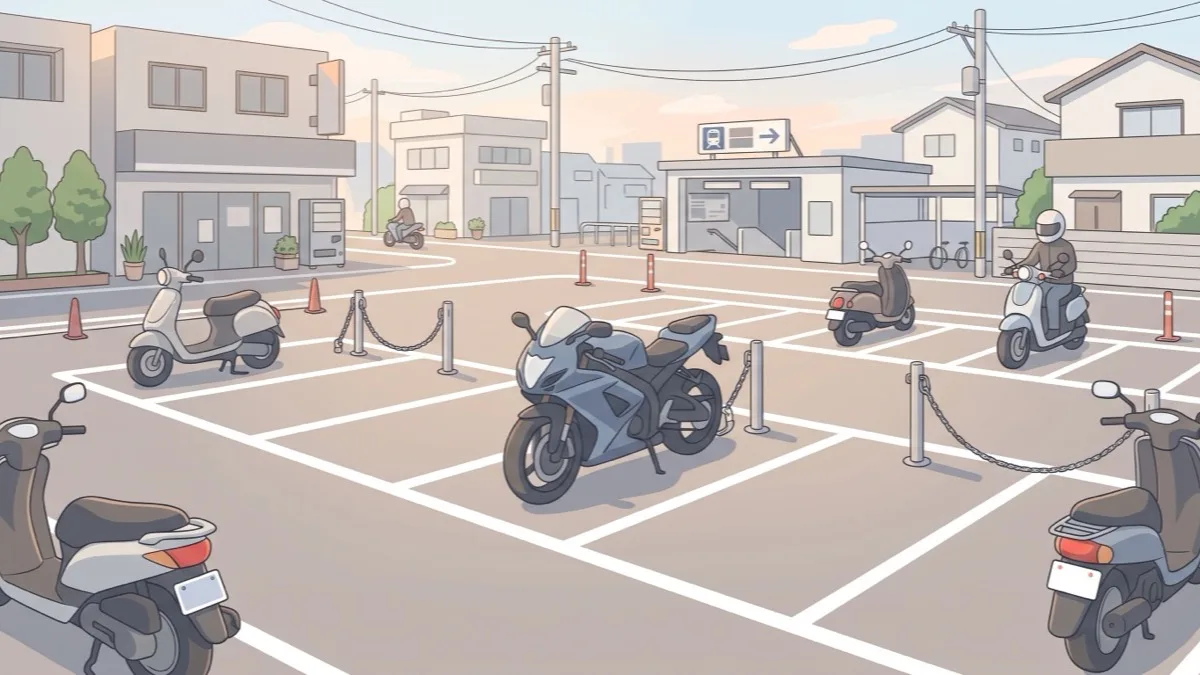 バイク専用の駐車場に整然と停められた 250cc クラスのバイク