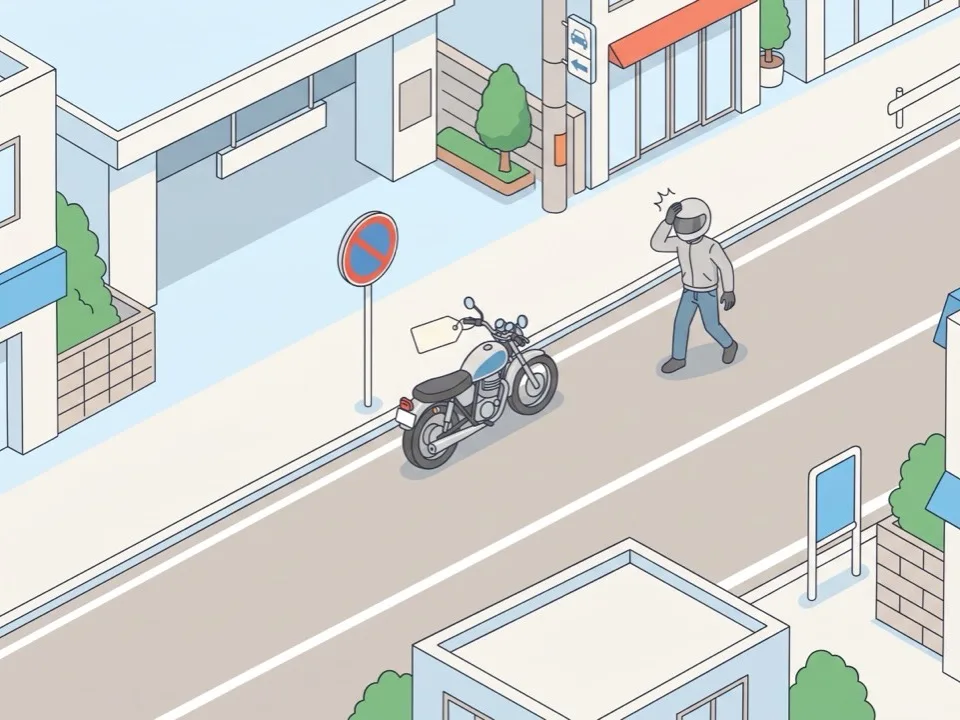 ハンドルに標章が付けられたバイクに、驚いた様子で戻ってくるライダー