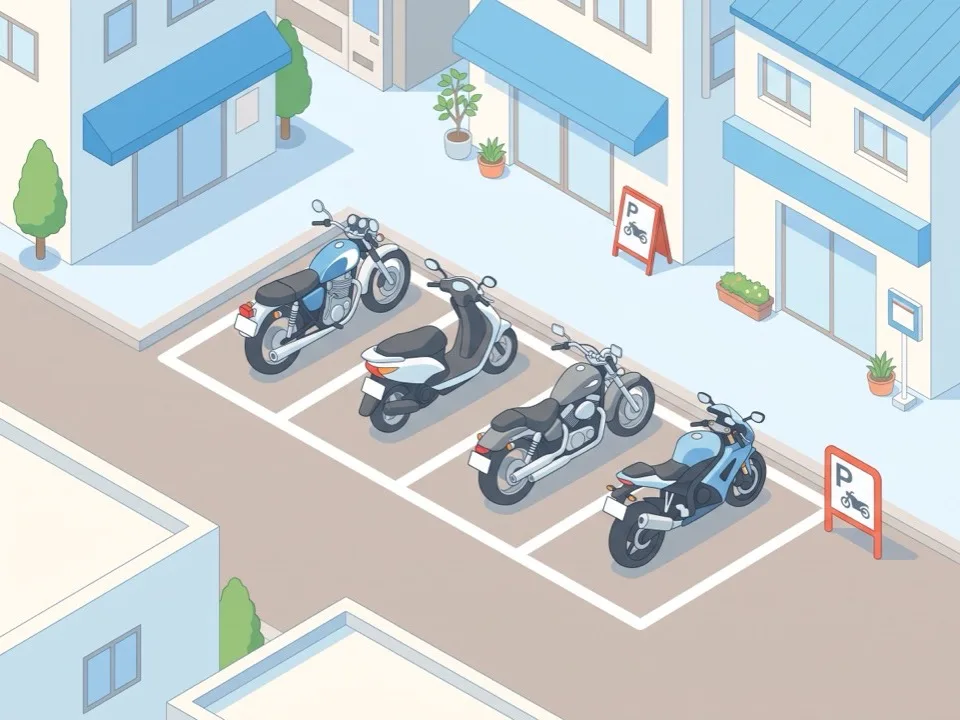 白線の内側に 1 台ずつ整然と停められたバイク駐車場と、空けられた通路