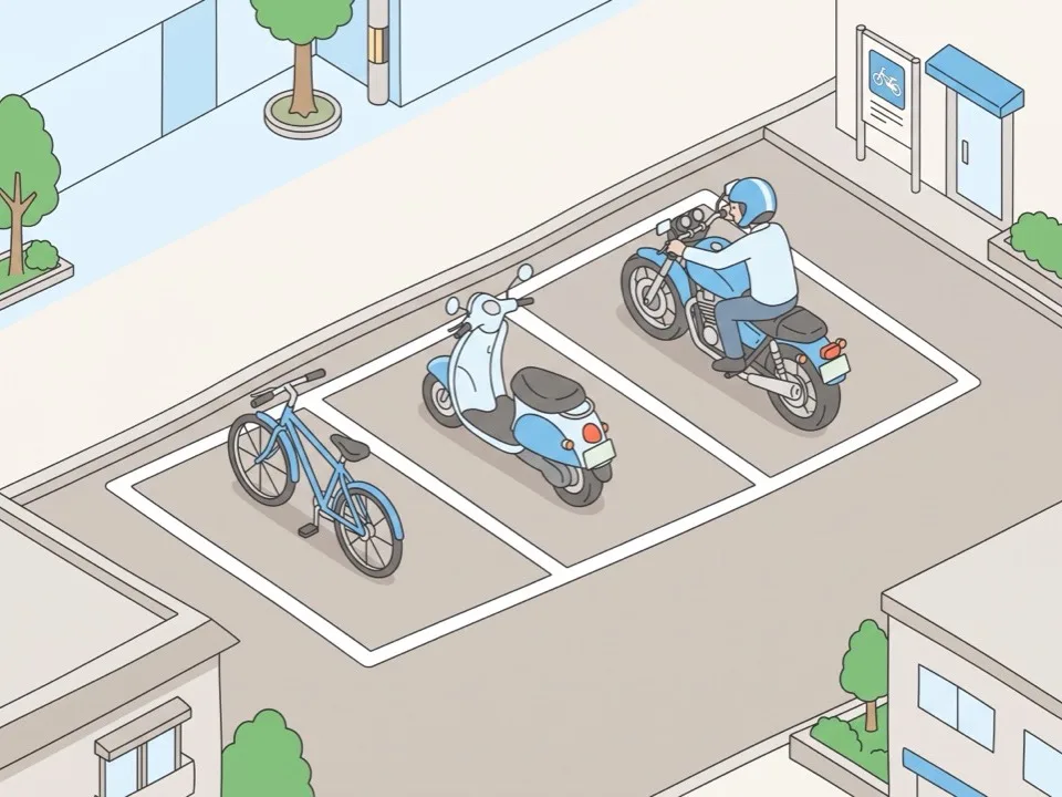自転車・スクーター・バイクがそれぞれ幅の違う区画に停まっている様子を斜め上から見た図