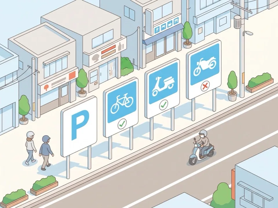 自転車・スクーター・バイクのピクトグラムと可否のマークだけが描かれた駐車場の案内板が並んでいる