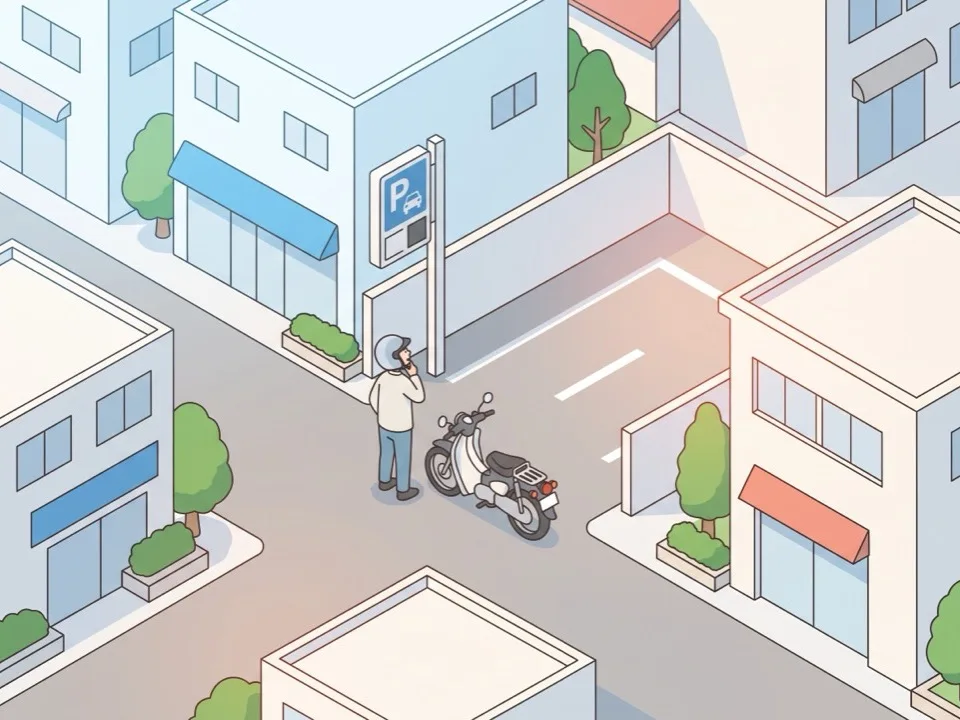 駐車場の入口で案内板と自分のバイクを見比べて考えているライダー