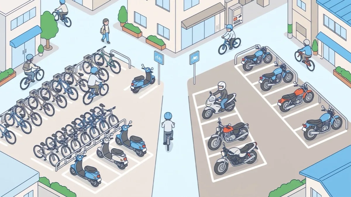 駅前の駐輪場(自転車と原付)とバイク駐車場(大きなバイク)が並んでいる様子