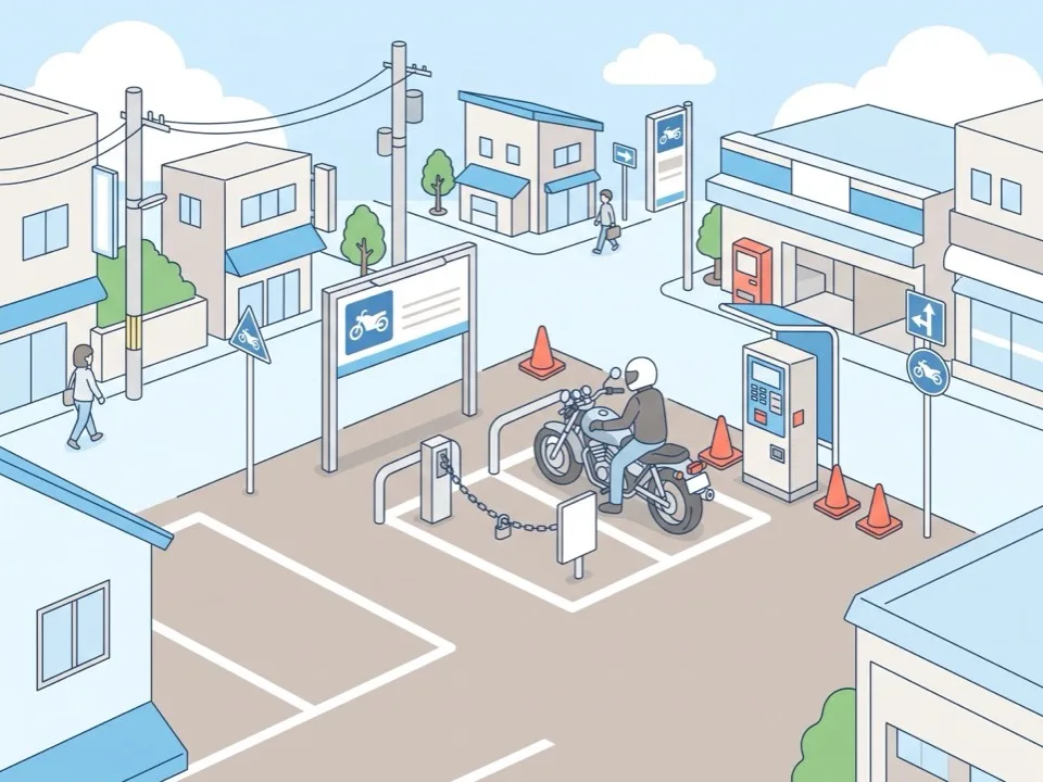 コインパーキング内のバイク専用区画。チェーン式ロックと区画のポストがあり、脇に精算機が置かれている