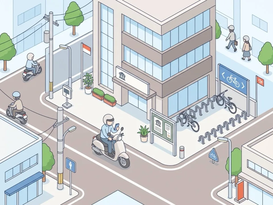 市役所のような建物の前でスマートフォンを見るスクーターのライダー。建物の脇に駐輪場がある