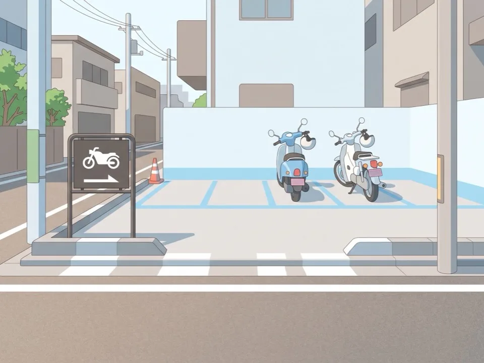 歩道から見た小さなバイク駐車場の入口。低い段差の先に区画が並び、モーターサイクルのピクトグラムだけの案内板がある