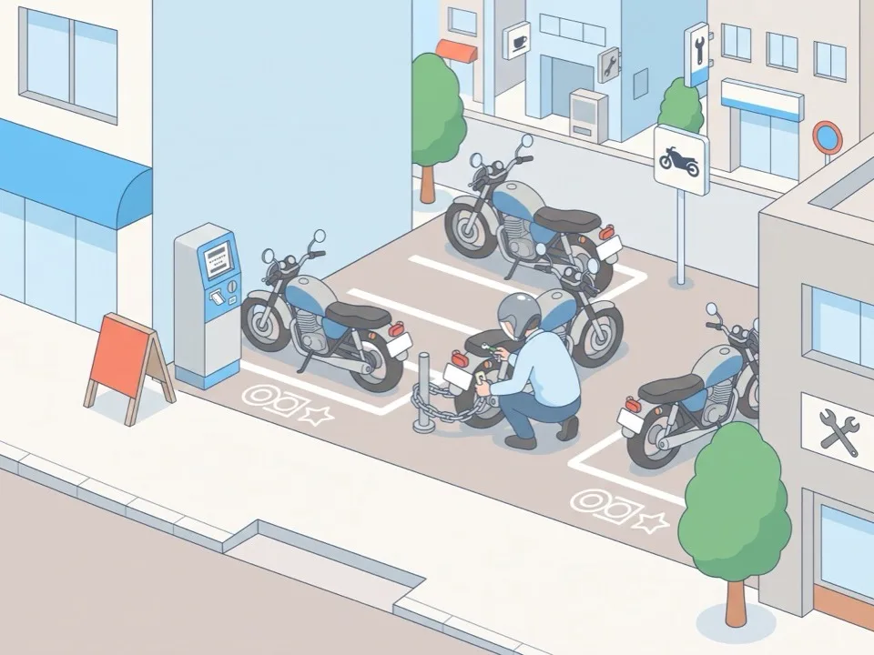 時間貸しのバイク駐車場で、区画のチェーン式ロックを確認するライダー。脇に精算機がある