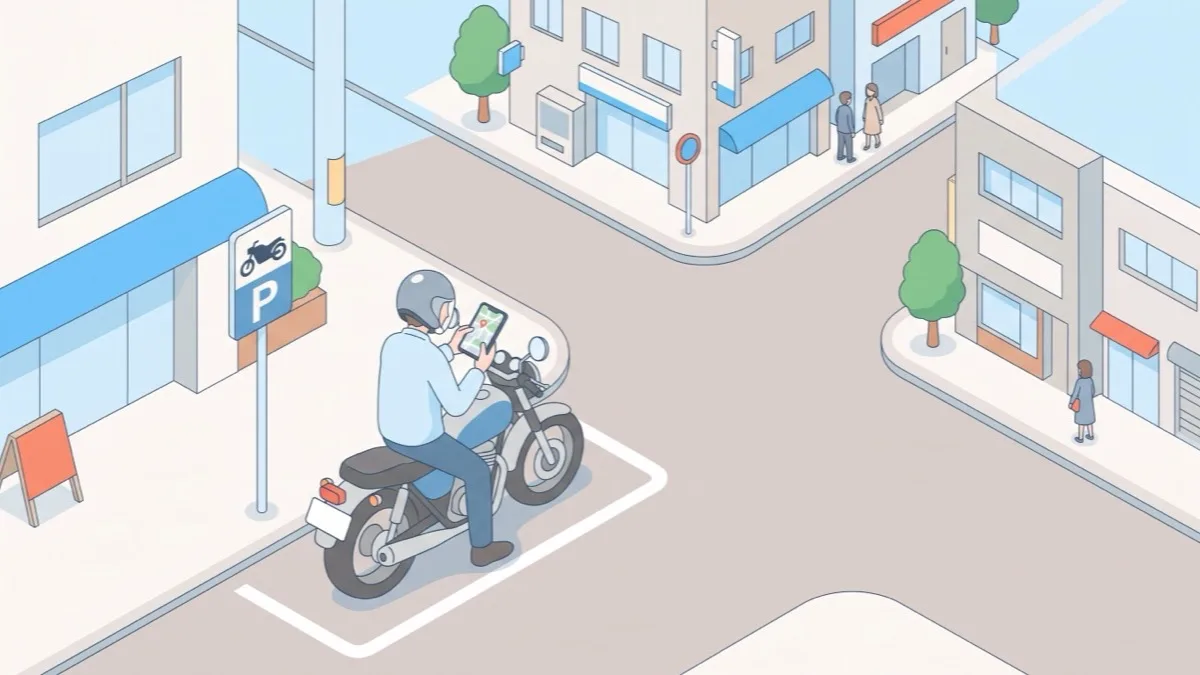 街角でバイクに座ってスマートフォンの地図を見るライダー。近くにバイク駐車場のピクトグラムが付いた案内板が立っている