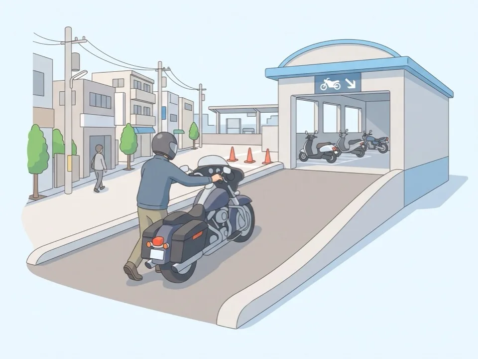緩い坂と段差のあるバイク駐車場の入口で、重い大型バイクを手で押して入るライダー