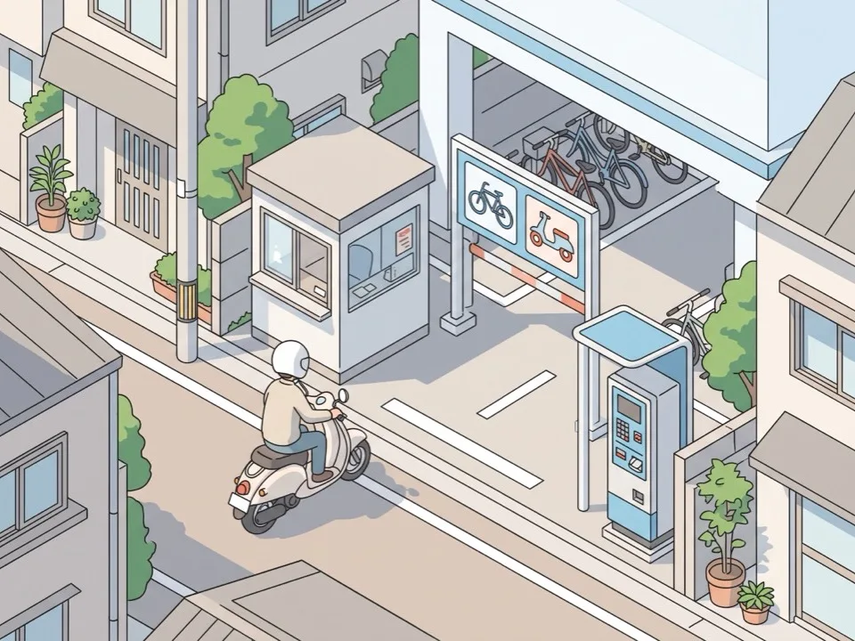 自転車とスクーターのピクトグラムが並んだ案内板のある公営駐輪場の入口に、原付で近づくライダー