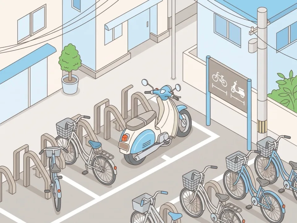 間隔の狭い自転車ラックに原付が入らない様子を斜め上から見た図
