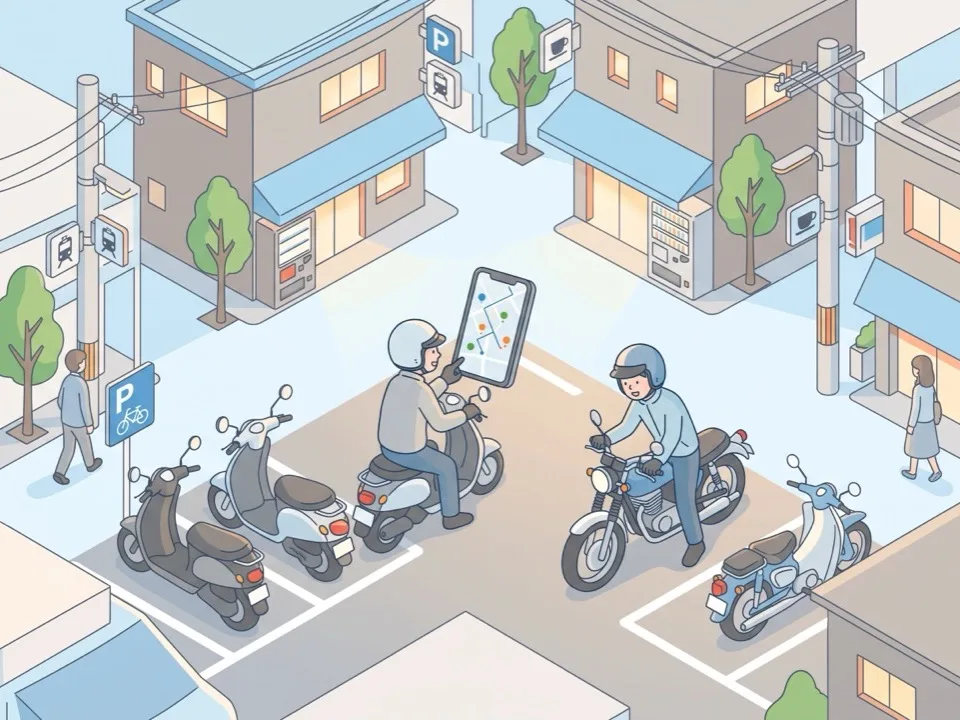 バイク駐車場で、色のついたピンが並ぶスマートフォンの地図を見せ合う 2 人のライダー